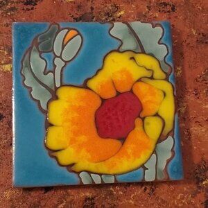 CARLY QUINN DESIGNS 4” TILE COASTER YELLOW CACTUS FLOWER CORKED BACK EUC